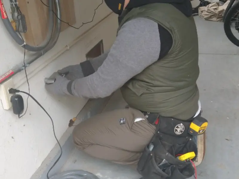 Electrician performing outlet wiring in a Lee garage